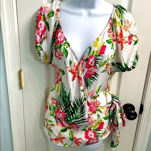 New York & Company Tops - New York & Company Blouse XXL Floral Wrap Belt Cottagecore Bohemian Puff Sleeve